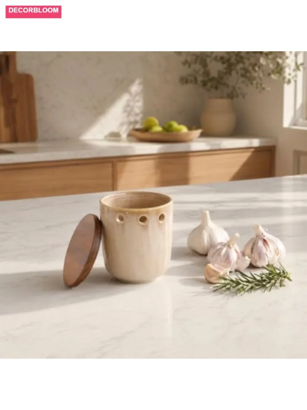 Ceramic Garlic Keeper with Wood Lid, Large Capacity Storage Container